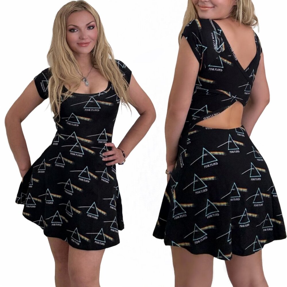 Licensed Pink Floyd cotton stretch Cut Out back Skater Dress, XS,S,M,L